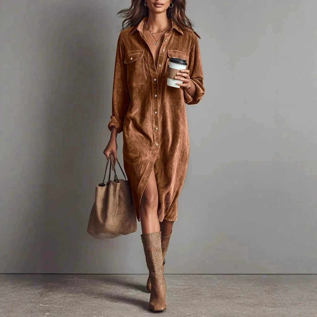 Turn-Down Collar Buttons Chic Casual Dress, Women Spring Autumn Solid Simple Party Dress, Long Sleeve Holiday Ladies Dress