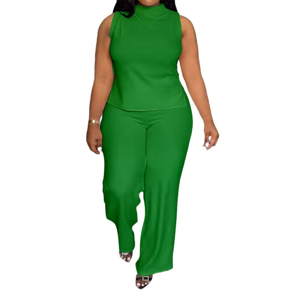 Solid Color Casual Sleeveless Trousers Suit