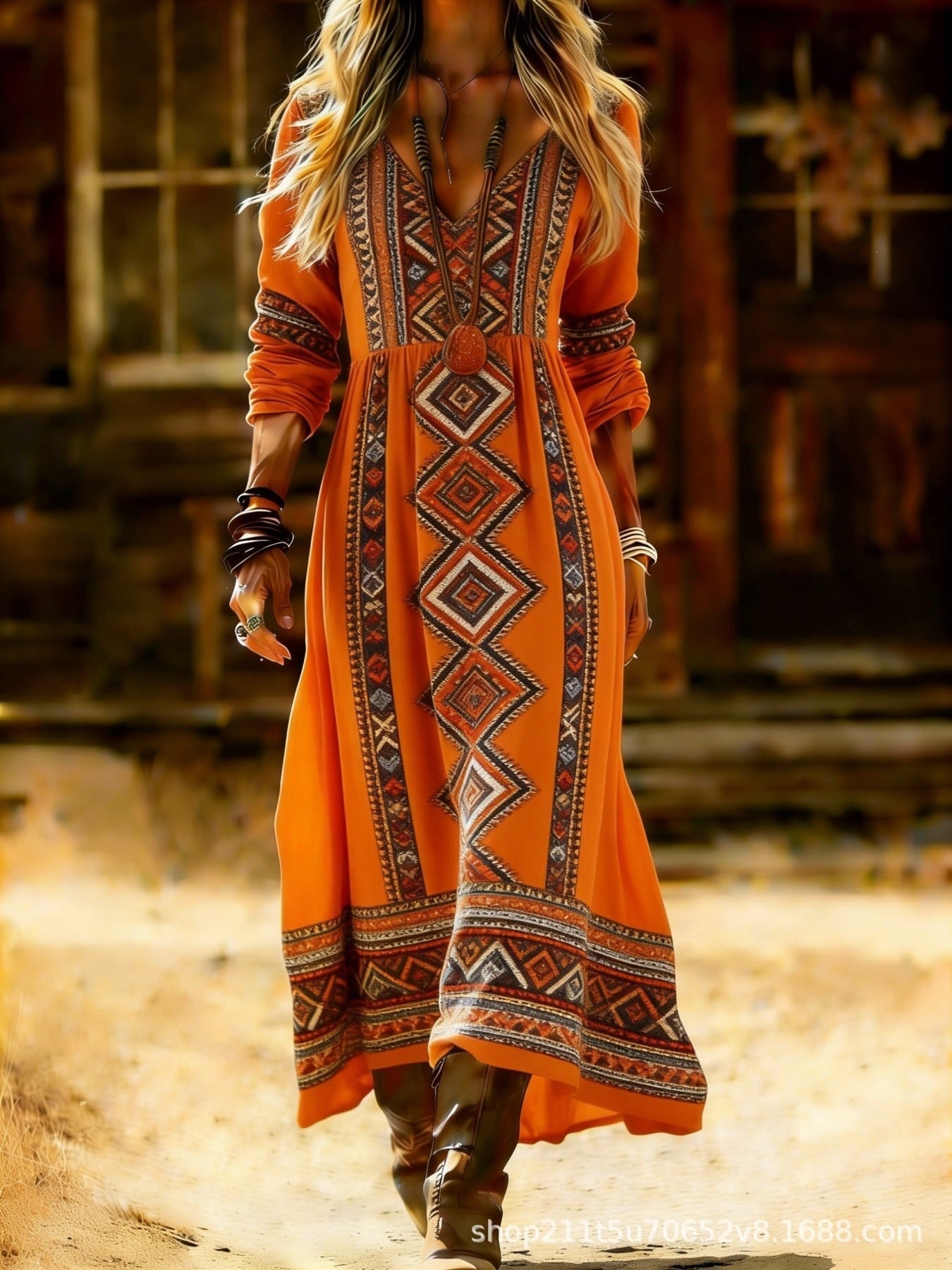 European and American Ethnic Style Long Sleeve New Printed Dress Women's Dress
