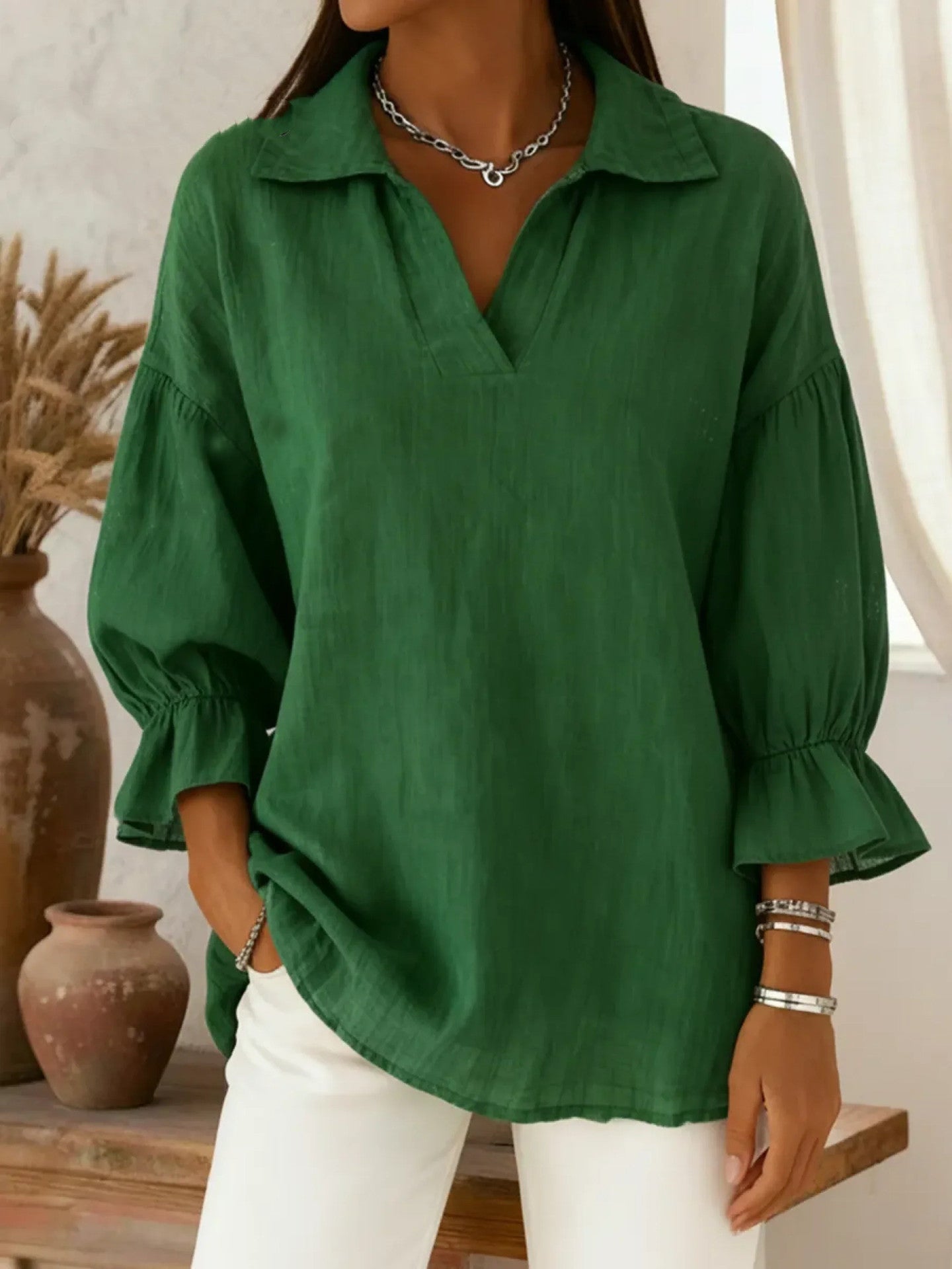 European and American Amazon Cross-Border Foreign Trade Women's Spring and Autumn New Solid Color Casual Loose Fashion Turn-Down Collar Long-Sleeve Top