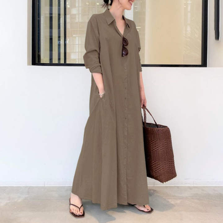 European and American New Casual Loose Women's Solid Color Lapel Long-Sleeved Pocket Simple Long Dress