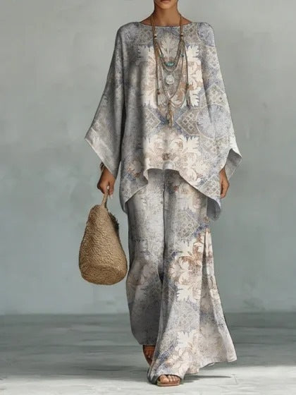 European and American Independent Station 26 New Y2 round Neck Batwing Sleeve Printing Suit Bohemian Style Lazy Casual Two-Piece Suit