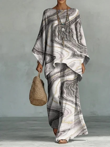 European and American Independent Station 26 New Y2 round Neck Batwing Sleeve Printing Suit Bohemian Style Lazy Casual Two-Piece Suit