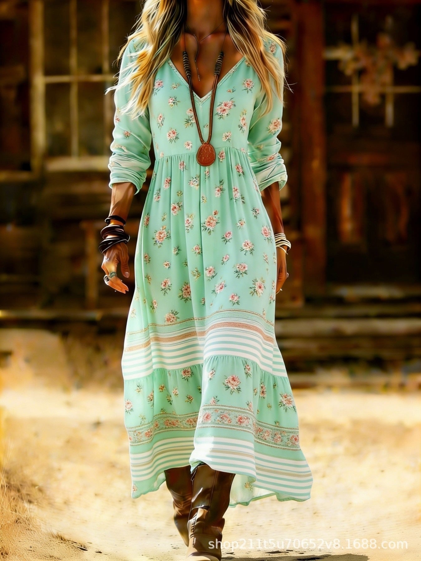 European and American Ethnic Style Long Sleeve New Printed Dress Women's Dress