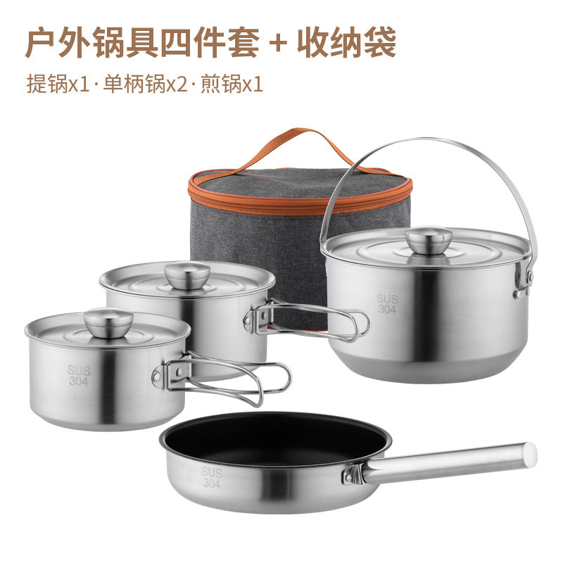 Outdoor 304 Stainless Steel Folding Cookware Set Camping Picnic Frying and Cooking All-In-One Outdoor Pot Portable Hiking Supplies