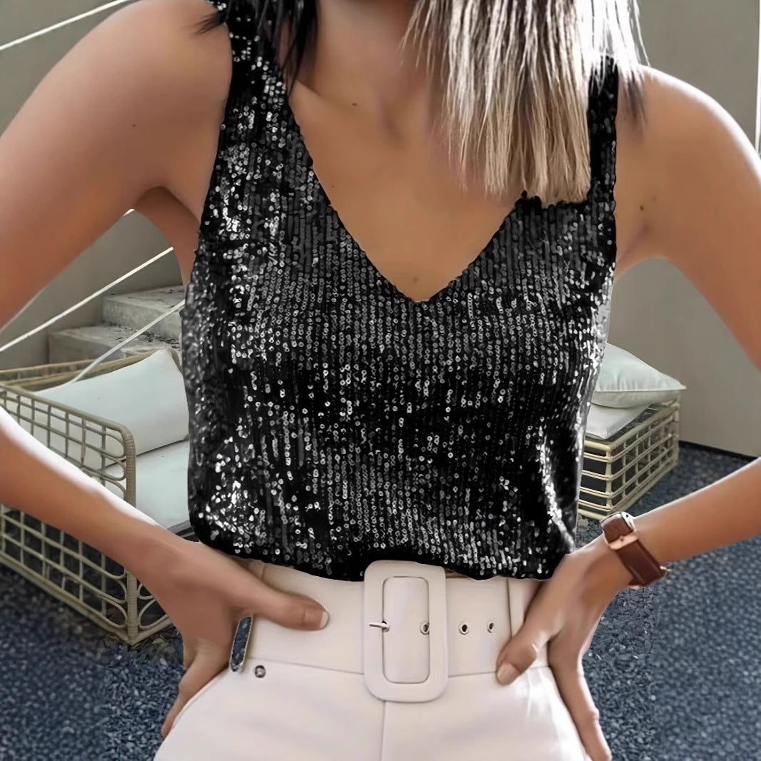2025 Cross-Border European and American Women's Clothing Sequin Tank Top Amazon Sleeveless V-Neck Top Summer