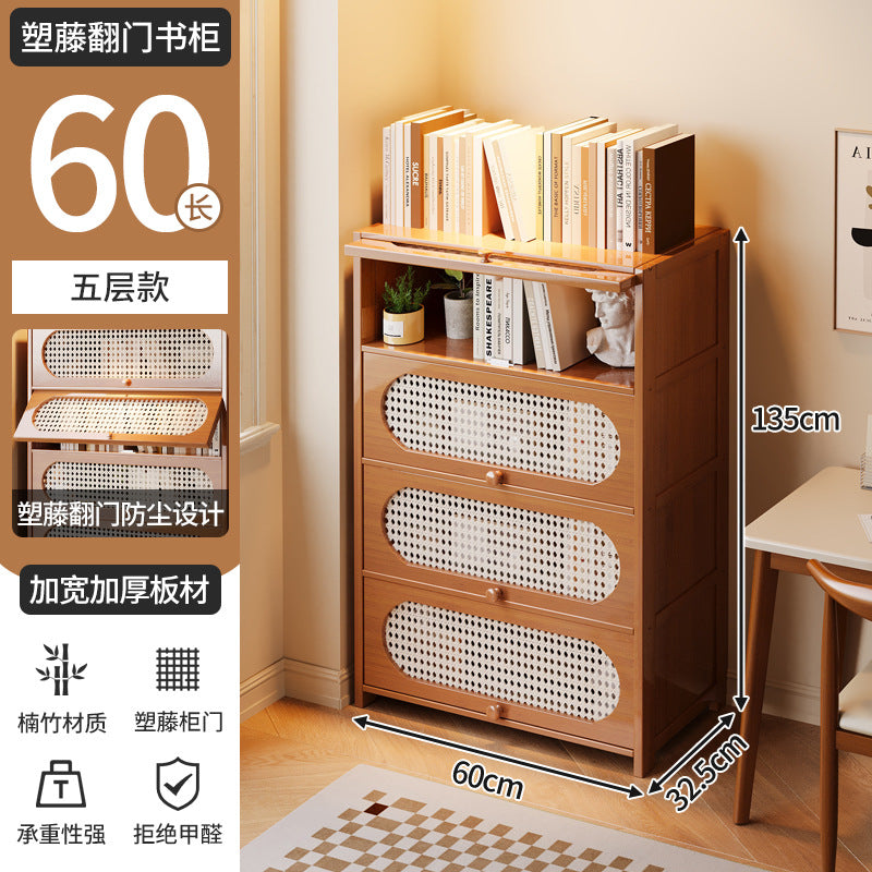 Multi-Layer Bookcase, Retro Rattan Entrance Cabinet, American Tipping Cabinet, Storage Cabinet, Large-Capacity Storage Floor-Standing Display Cabinet