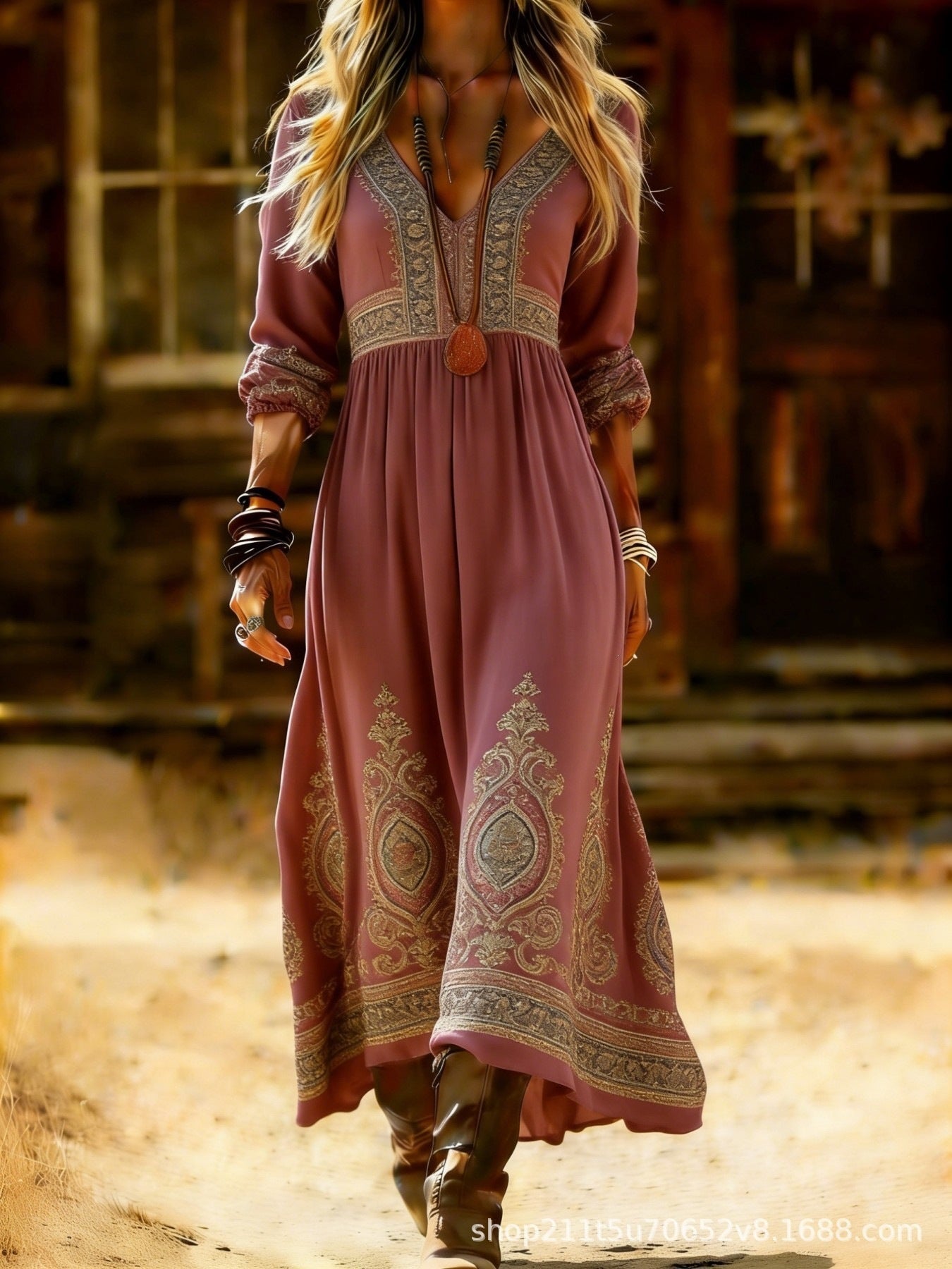 European and American Ethnic Style Long Sleeve New Printed Dress Women's Dress