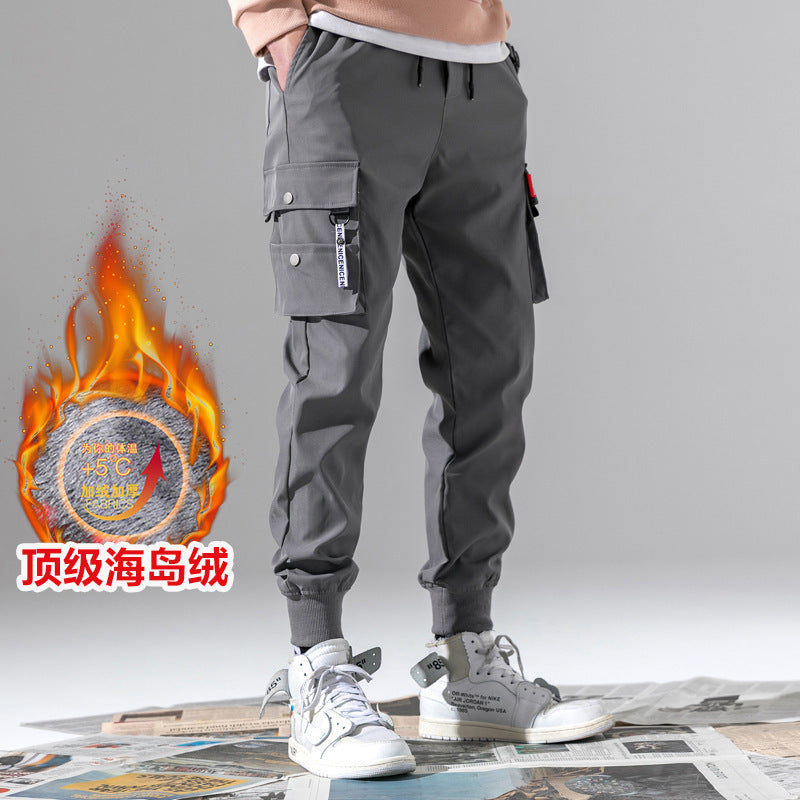 2024 Autumn and Winter Casual Pants Men's Workwear Fleece-Lined Sweatpants Men's Jogger Sports Pants Trendy Versatile Workwear Pants