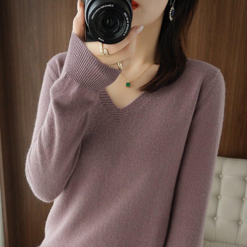 2025 Spring New Pure Color V Neck Knitted Bottoming Shirt Pullover Slimming Look Sweater Thin Style Western Style Inner Wear