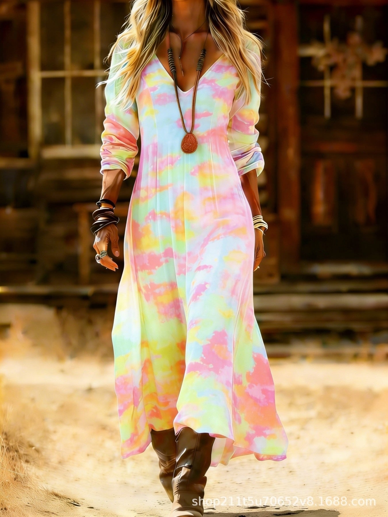 European and American Ethnic Style Long Sleeve Cross-Border Amazon Women's New Printed Dress Dress