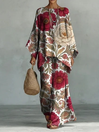 European and American Independent Station 26 New Y2 round Neck Batwing Sleeve Printing Suit Bohemian Style Lazy Casual Two-Piece Suit