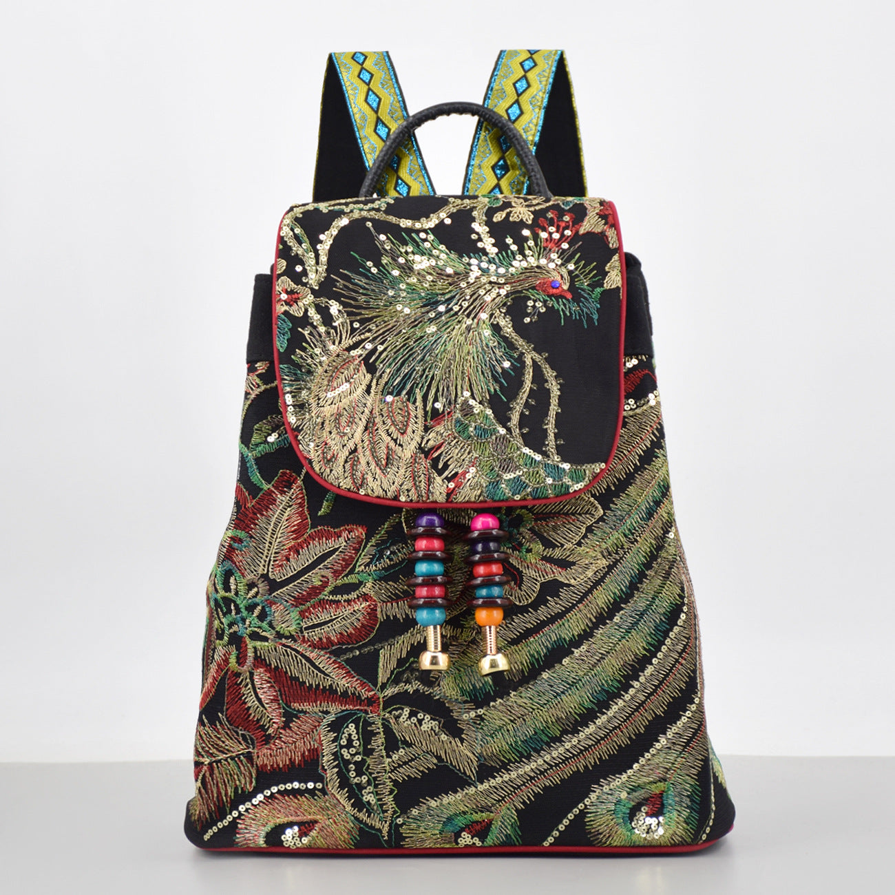 Ethnic Style Embroidered Backpack, Versatile Commuter Women's Canvas Travel Backpack, Elderly Student Bucket Backpack