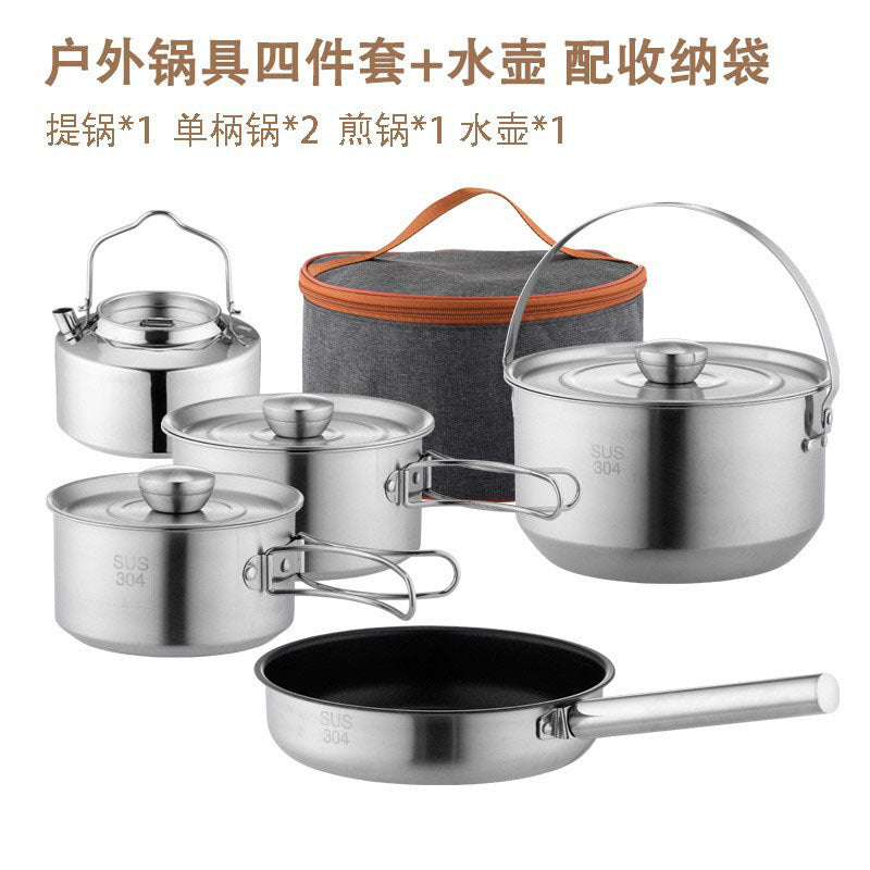 Outdoor 304 Stainless Steel Folding Cookware Set Camping Picnic Frying and Cooking All-In-One Outdoor Pot Portable Hiking Supplies