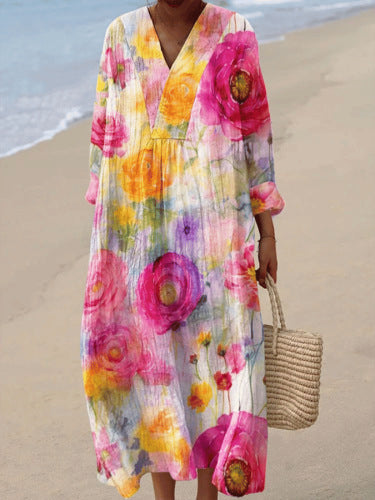 2025 Cross-Border Independent Station Amazon Long Sleeve Shirt Dress Women's Casual Floral 3D Printed Sleeve Long Skirt