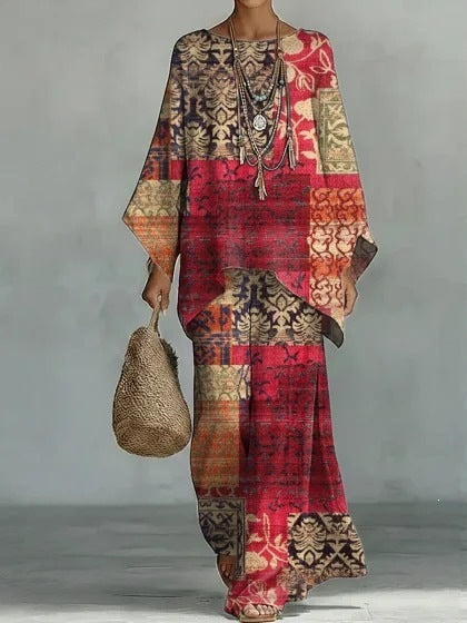 European and American Independent Station 26 New Y2 round Neck Batwing Sleeve Printing Suit Bohemian Style Lazy Casual Two-Piece Suit