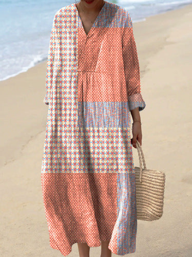 2025 Cross-Border Independent Station Amazon Long Sleeve Shirt Dress Women's Casual Floral 3D Printed Sleeve Long Skirt