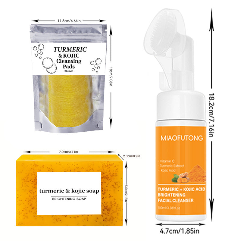 L Popular Turmeric Cleansing Mousse Facial Cleansing Pad Turmeric Soap Three-Piece Cleansing and Moisturizing Skin Care Set