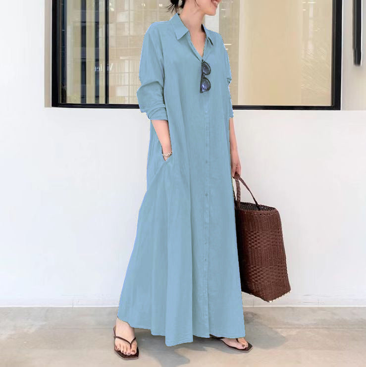 European and American New Casual Loose Women's Solid Color Lapel Long-Sleeved Pocket Simple Long Dress