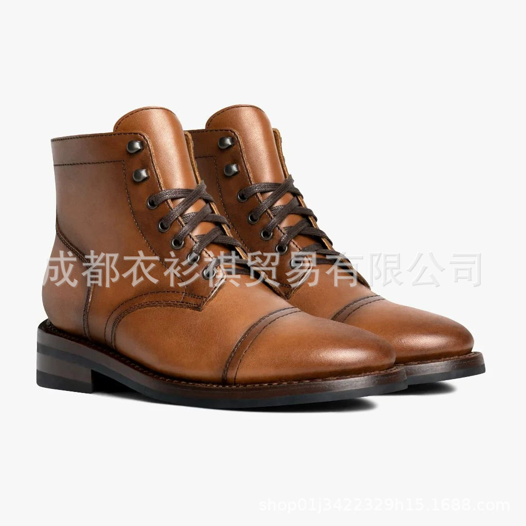 Wish foreign trade new retro round head work martin boots high-top locomotive shoes men's shoes lace men's shoes