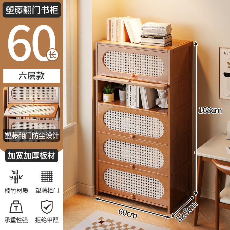 Multi-Layer Bookcase, Retro Rattan Entrance Cabinet, American Tipping Cabinet, Storage Cabinet, Large-Capacity Storage Floor-Standing Display Cabinet