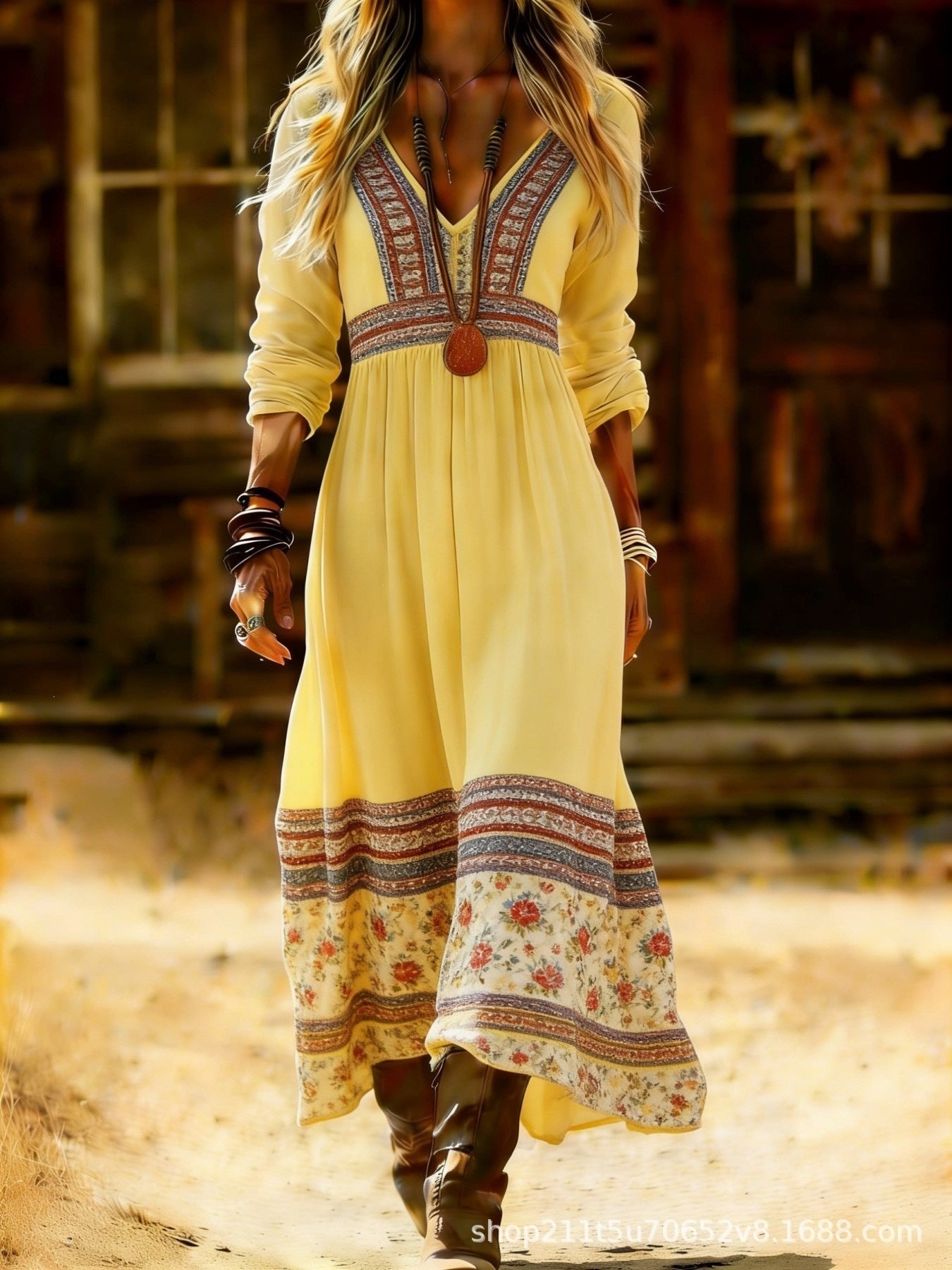 European and American Ethnic Style Long Sleeve New Printed Dress Women's Dress