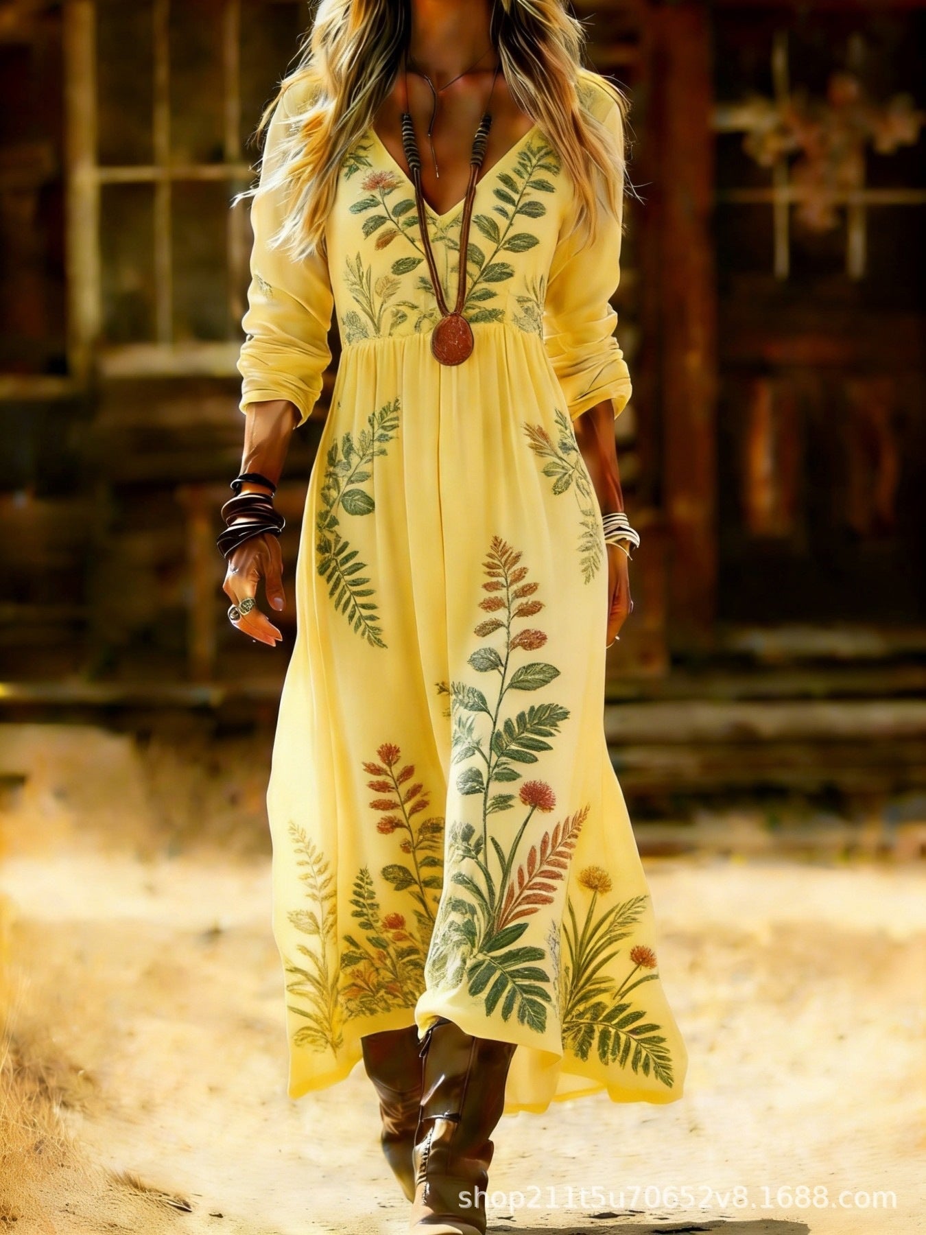 European and American Ethnic Style Long Sleeve Cross-Border Amazon Women's New Printed Dress Dress