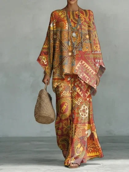 European and American Independent Station 26 New Y2 round Neck Batwing Sleeve Printing Suit Bohemian Style Lazy Casual Two-Piece Suit