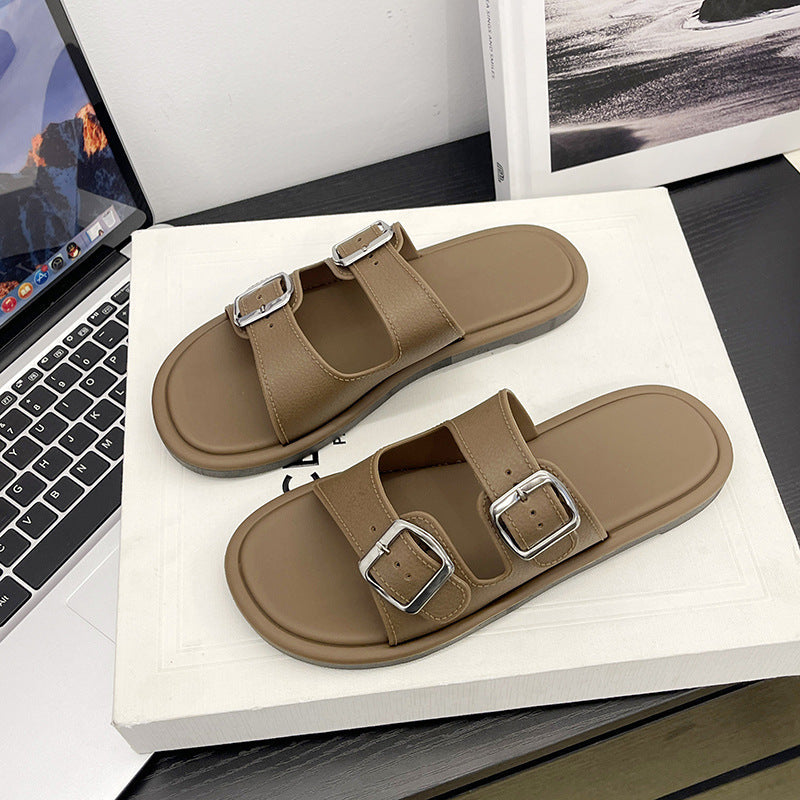 Women's Summer New Fashion Versatile Square Buckle Trendy Slip-On Home Non-Slip Bathroom Outdoor Beach Sandals
