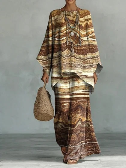 European and American Independent Station 26 New Y2 round Neck Batwing Sleeve Printing Suit Bohemian Style Lazy Casual Two-Piece Suit