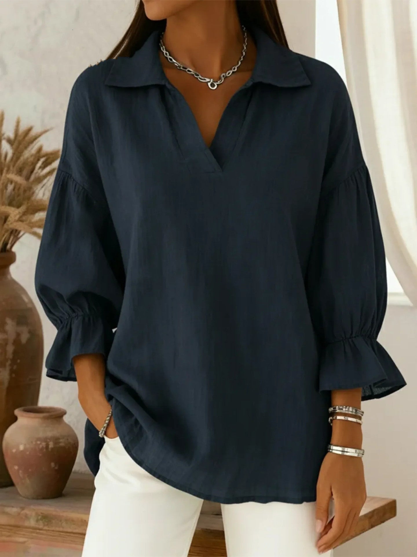 European and American Amazon Cross-Border Foreign Trade Women's Spring and Autumn New Solid Color Casual Loose Fashion Turn-Down Collar Long-Sleeve Top