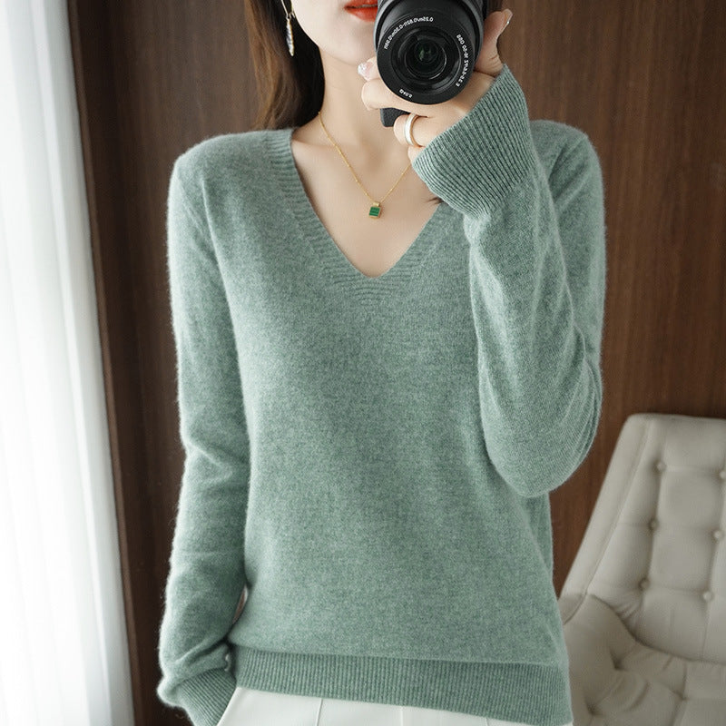 2025 Spring New Pure Color V Neck Knitted Bottoming Shirt Pullover Slimming Look Sweater Thin Style Western Style Inner Wear
