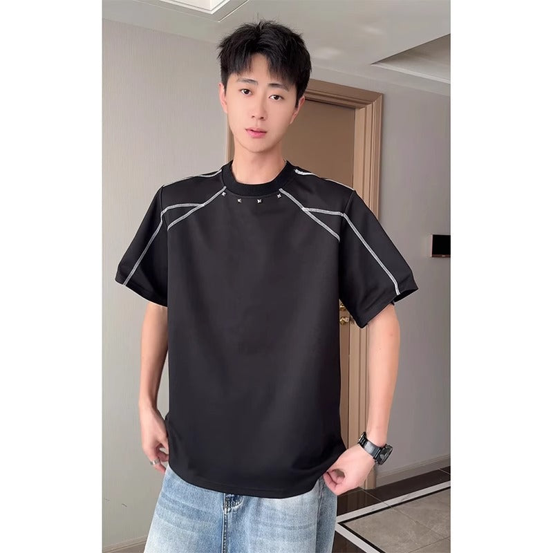 Rivet Shoulder Pad Exposed Stitching Deconstructed Heavyweight Short-Sleeve T-Shirt for Men, Summer American Style Trendy Brand, Boxy High-End Feel, Half-Sleeve