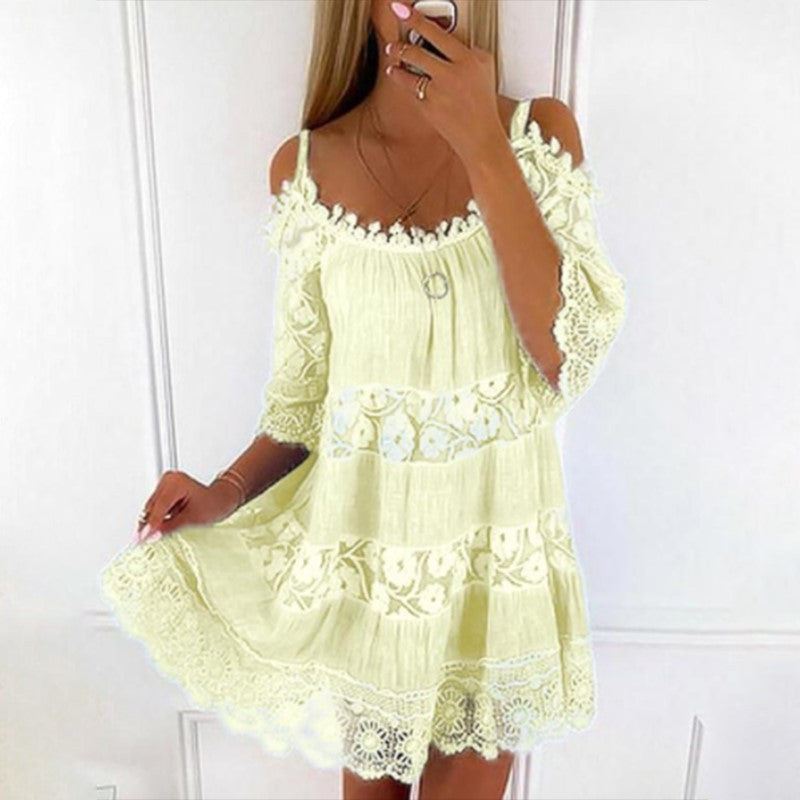 Cross-Border Amazon Princess Style European and American Dress Off-Shoulder Lace Suspender Skirt Fashionable Solid Color Loose Dress