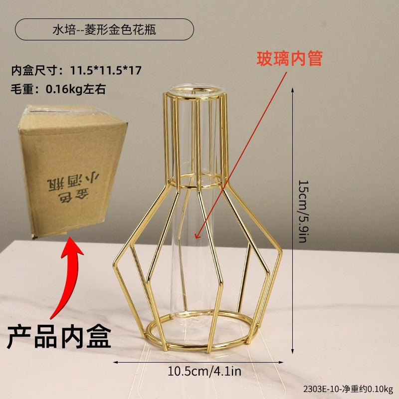 Light Luxury Golden Iron Home Soft Decoration Dining Table Living Room Decorations Transparent Vase Flower-arranging Hydroponic Container Ornaments