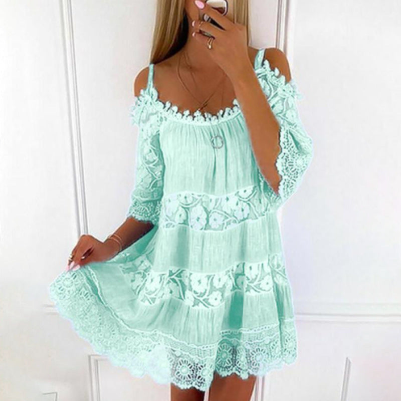 Cross-Border Amazon Princess Style European and American Dress Off-Shoulder Lace Suspender Skirt Fashionable Solid Color Loose Dress