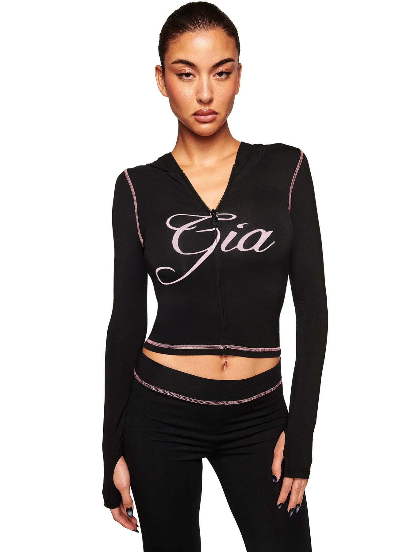 Hr25071 European and American Fashion Women's Cross-Border Supply Printed Hooded Long-Sleeved Thumb Buckle Micro-Flared Two-Piece Suit