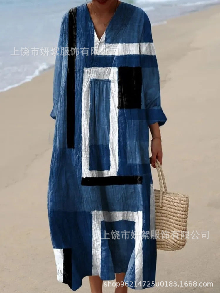 2025 Cross-Border Independent Station Amazon Long Sleeve Shirt Dress Women's Casual Floral 3D Printed Sleeve Long Skirt