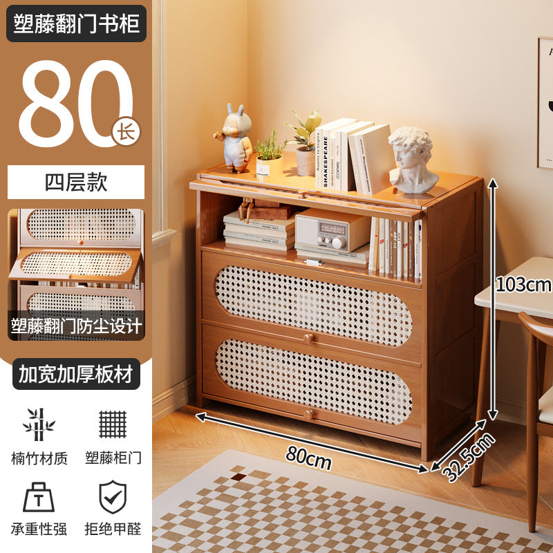 Multi-Layer Bookcase, Retro Rattan Entrance Cabinet, American Tipping Cabinet, Storage Cabinet, Large-Capacity Storage Floor-Standing Display Cabinet