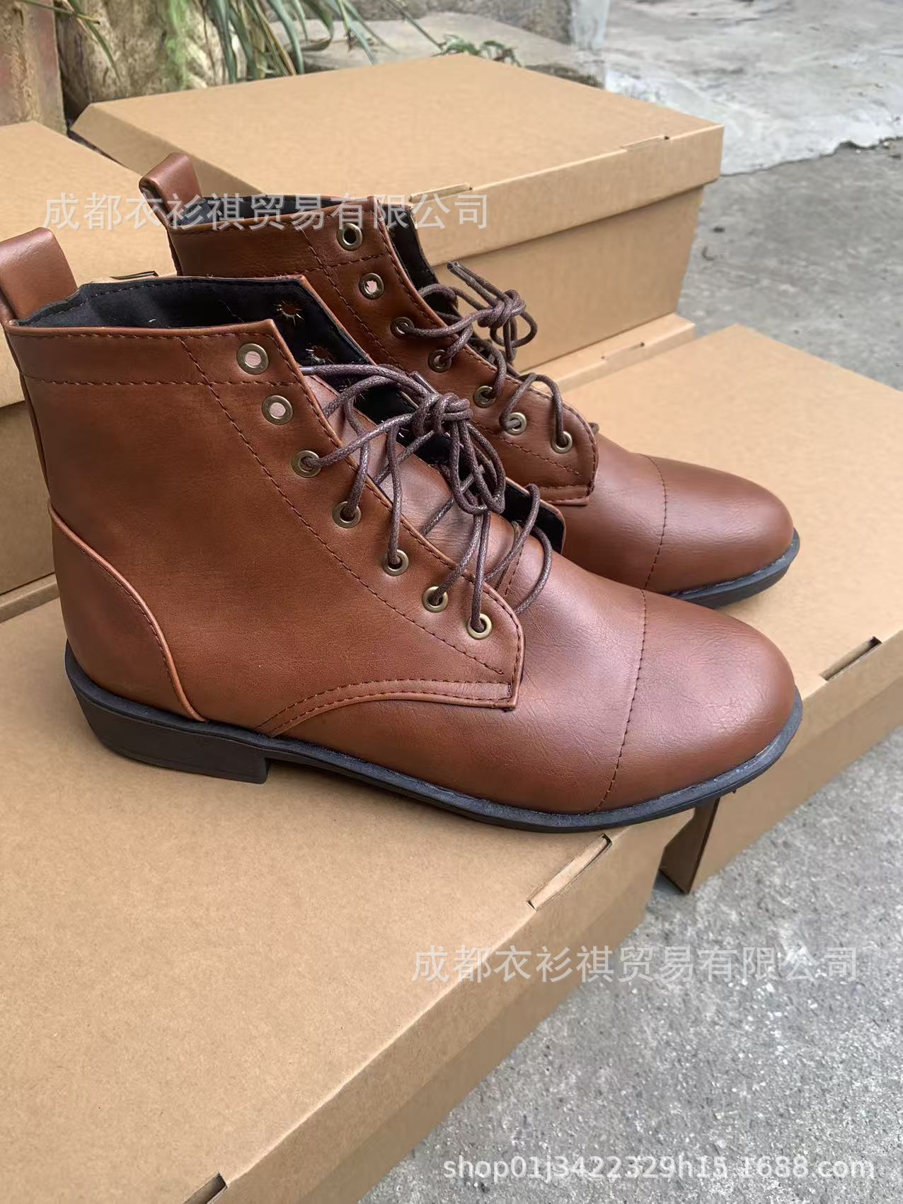 Wish foreign trade new retro round head work martin boots high-top locomotive shoes men's shoes lace men's shoes
