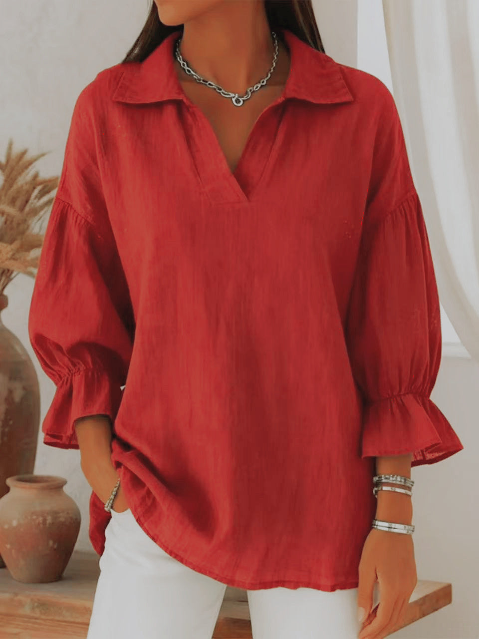 European and American Amazon Cross-Border Foreign Trade Women's Spring and Autumn New Solid Color Casual Loose Fashion Turn-Down Collar Long-Sleeve Top