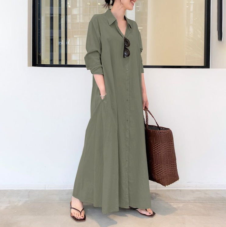 European and American New Casual Loose Women's Solid Color Lapel Long-Sleeved Pocket Simple Long Dress