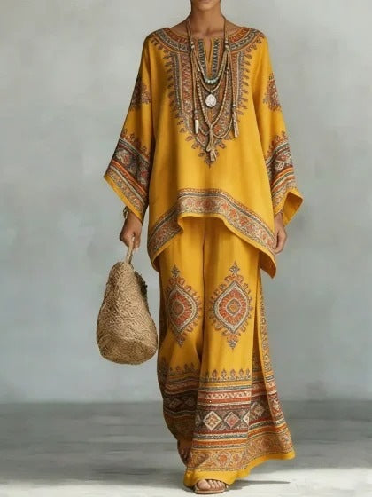 European and American Independent Station 26 New Y2 round Neck Batwing Sleeve Printing Suit Bohemian Style Lazy Casual Two-Piece Suit