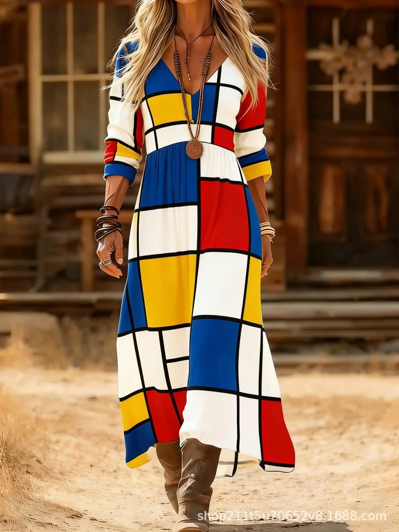 European and American Ethnic Style Long Sleeve Cross-Border Amazon Women's New Printed Dress Dress