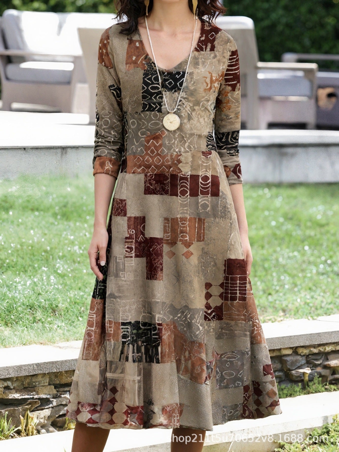 European and American Ethnic Style Long Sleeve Cross-Border Amazon Women's New Printed Dress Dress