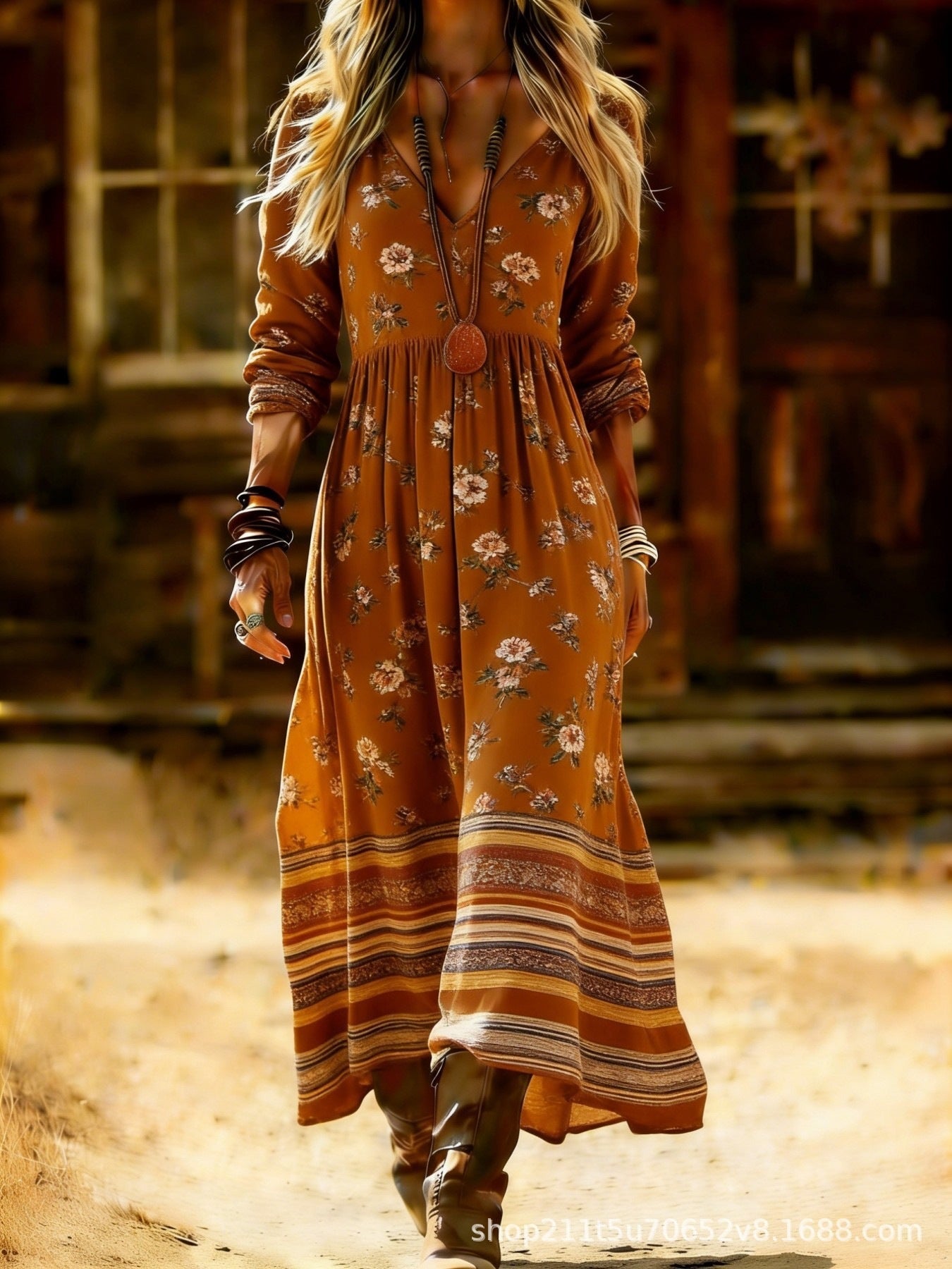 European and American Ethnic Style Long Sleeve Cross-Border Amazon Women's New Printed Dress Dress