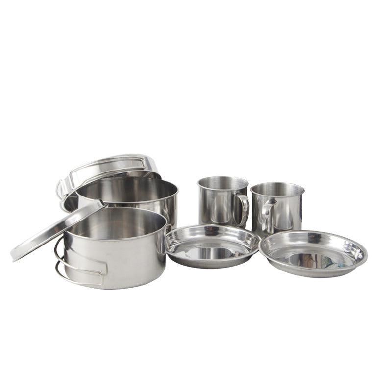 Stainless Steel Camping Picnic Outdoor Cookware Set Pot Portable Mountaineering Pot Storage Folding Tableware Set Combination