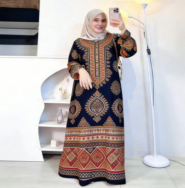 Bohemian Style Fruit Print Muslim Long Dress Loose Lantern Sleeve Stand Collar Dress Source Factory