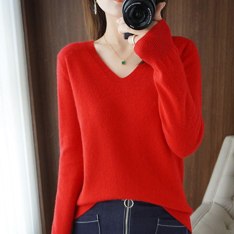 2025 Spring New Pure Color V Neck Knitted Bottoming Shirt Pullover Slimming Look Sweater Thin Style Western Style Inner Wear