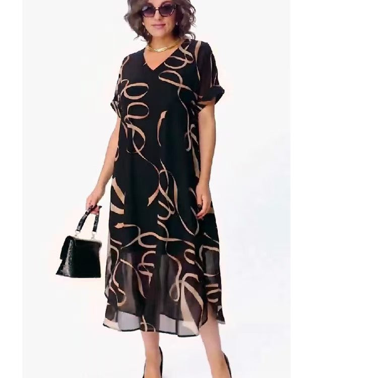 2025 European and American Fashion New Cross-Border Elegant Printed V Neck Dress Plus Size Women's Elegant Commuter Mid-Length Skirt